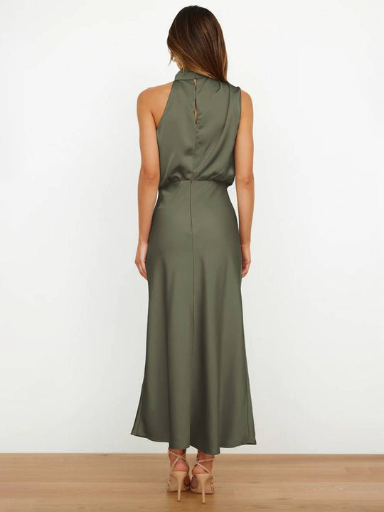 R&B | Lange Satin Brautjungfernkleid Unregelmäßiger Rollkragen Halsband Ärmless Elegant Abendkleid für Hochzeit