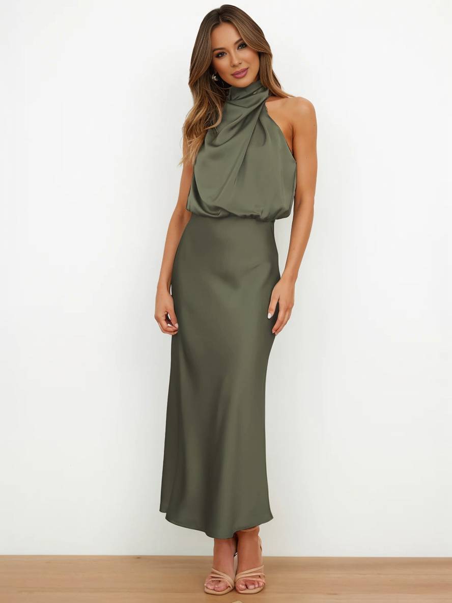 R&B | Lange Satin Brautjungfernkleid Unregelmäßiger Rollkragen Halsband Ärmless Elegant Abendkleid für Hochzeit