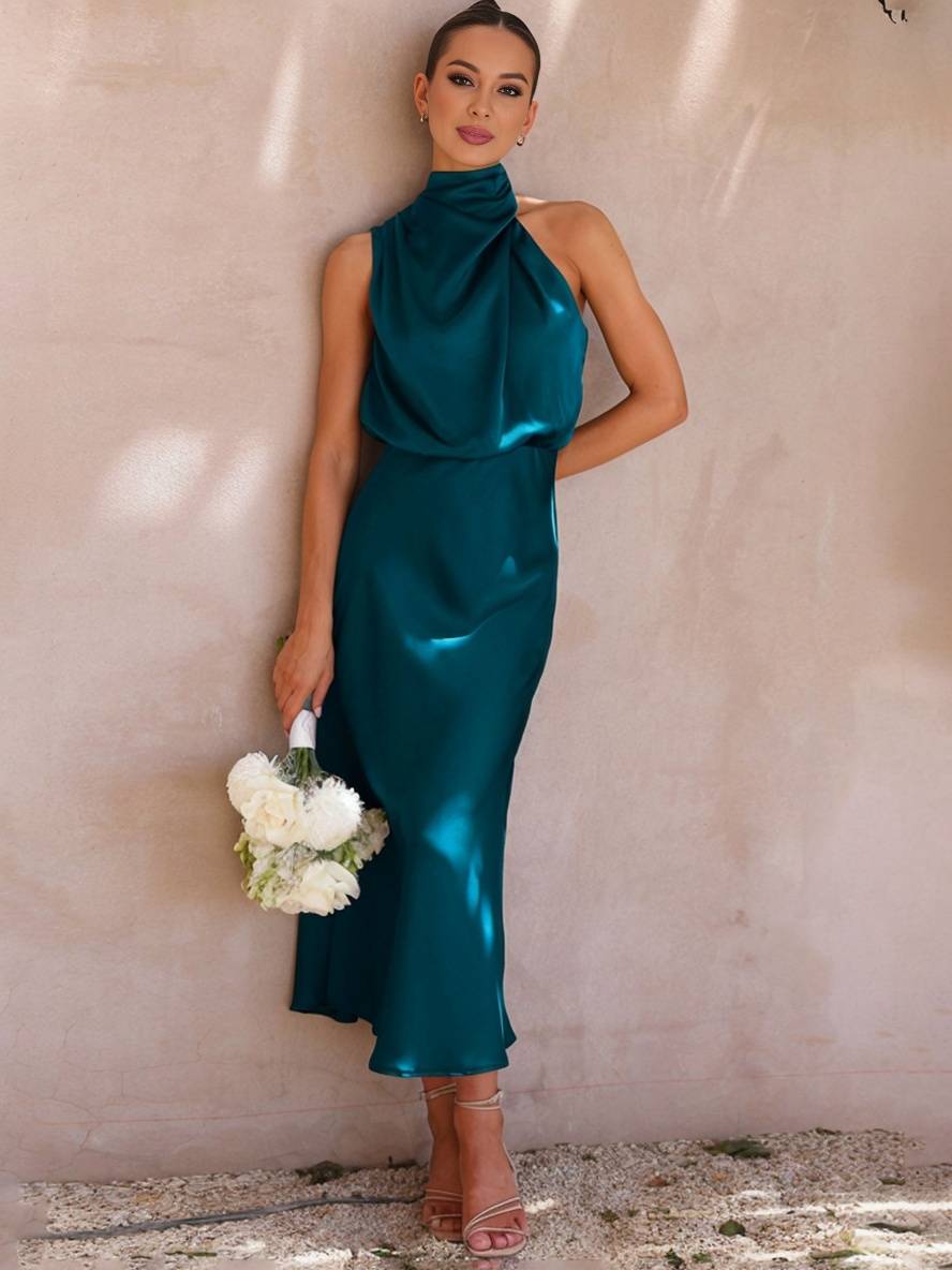 R&B | Lange Satin Brautjungfernkleid Unregelmäßiger Rollkragen Halsband Ärmless Elegant Abendkleid für Hochzeit