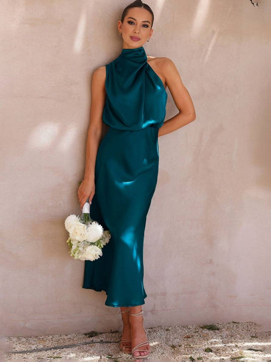 R&B | Lange Satin Brautjungfernkleid Unregelmäßiger Rollkragen Halsband Ärmless Elegant Abendkleid für Hochzeit