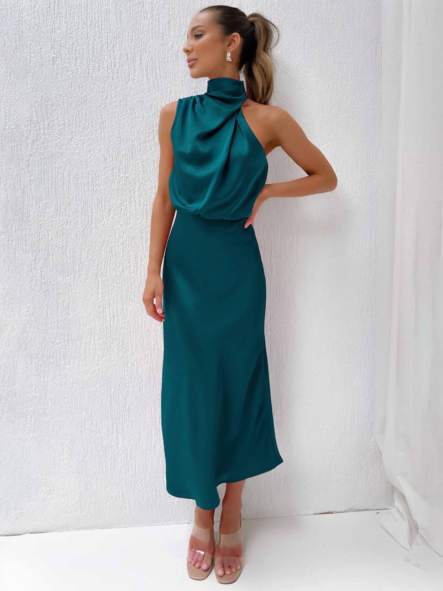 R&B | Lange Satin Brautjungfernkleid Unregelmäßiger Rollkragen Halsband Ärmless Elegant Abendkleid für Hochzeit