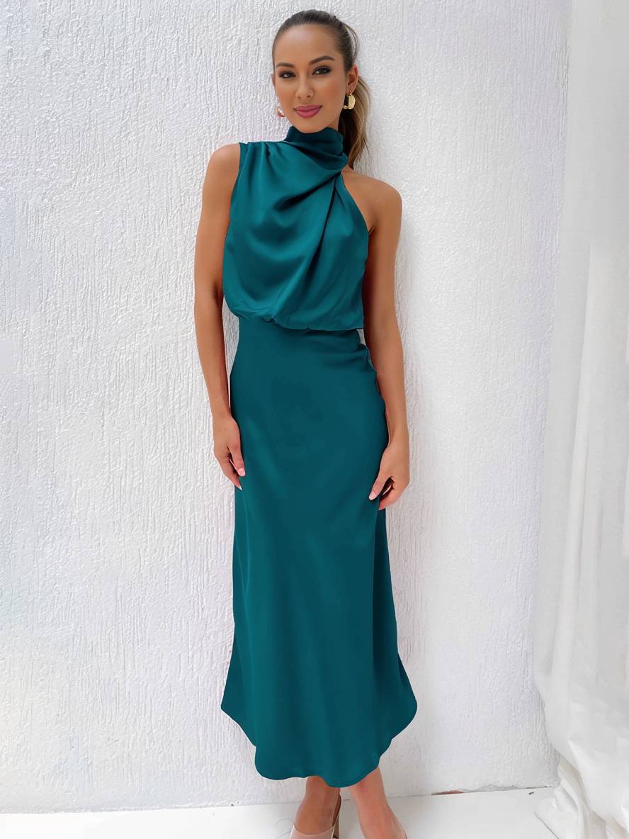 R&B | Lange Satin Brautjungfernkleid Unregelmäßiger Rollkragen Halsband Ärmless Elegant Abendkleid für Hochzeit