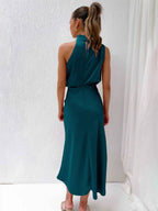 R&B | Lange Satin Brautjungfernkleid Unregelmäßiger Rollkragen Halsband Ärmless Elegant Abendkleid für Hochzeit