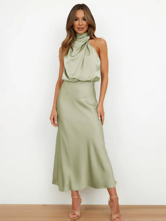 R&B | Lange Satin Brautjungfernkleid Unregelmäßiger Rollkragen Halsband Ärmless Elegant Abendkleid für Hochzeit