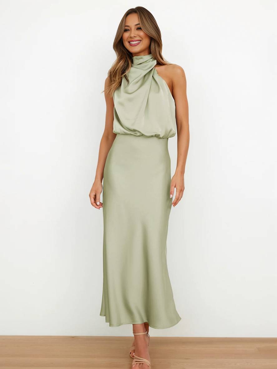 R&B | Lange Satin Brautjungfernkleid Unregelmäßiger Rollkragen Halsband Ärmless Elegant Abendkleid für Hochzeit