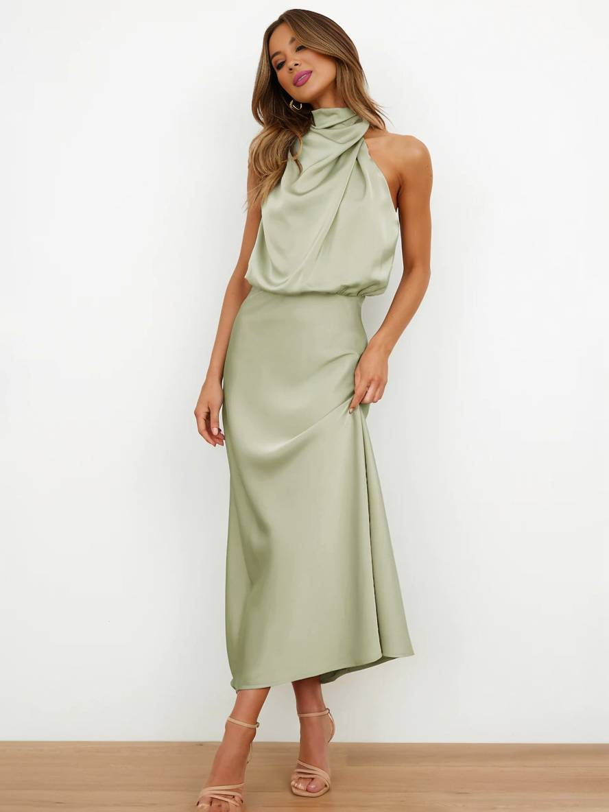 R&B | Lange Satin Brautjungfernkleid Unregelmäßiger Rollkragen Halsband Ärmless Elegant Abendkleid für Hochzeit