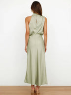 R&B | Lange Satin Brautjungfernkleid Unregelmäßiger Rollkragen Halsband Ärmless Elegant Abendkleid für Hochzeit