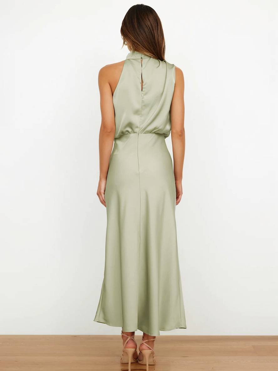 R&B | Lange Satin Brautjungfernkleid Unregelmäßiger Rollkragen Halsband Ärmless Elegant Abendkleid für Hochzeit