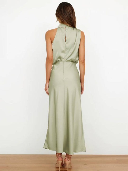 R&B | Lange Satin Brautjungfernkleid Unregelmäßiger Rollkragen Halsband Ärmless Elegant Abendkleid für Hochzeit