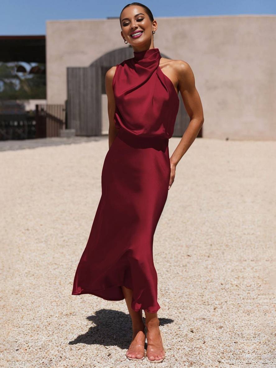 R&B | Lange Satin Brautjungfernkleid Unregelmäßiger Rollkragen Halsband Ärmless Elegant Abendkleid für Hochzeit