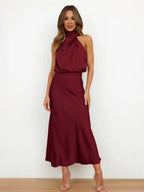 R&B | Lange Satin Brautjungfernkleid Unregelmäßiger Rollkragen Halsband Ärmless Elegant Abendkleid für Hochzeit