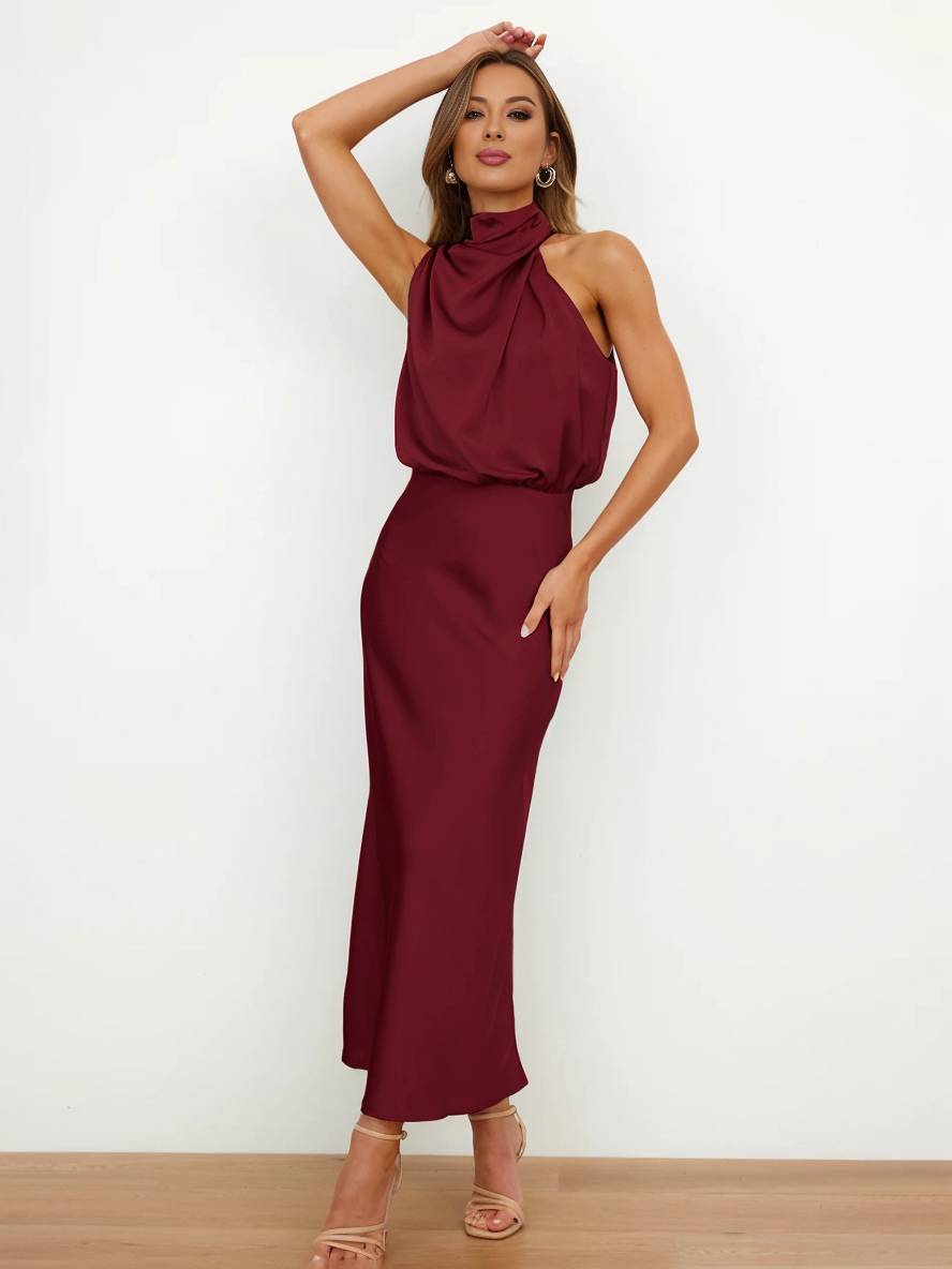 R&B | Lange Satin Brautjungfernkleid Unregelmäßiger Rollkragen Halsband Ärmless Elegant Abendkleid für Hochzeit