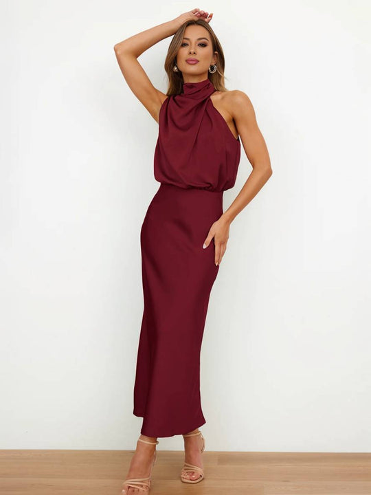 R&B | Lange Satin Brautjungfernkleid Unregelmäßiger Rollkragen Halsband Ärmless Elegant Abendkleid für Hochzeit
