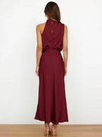 R&B | Lange Satin Brautjungfernkleid Unregelmäßiger Rollkragen Halsband Ärmless Elegant Abendkleid für Hochzeit
