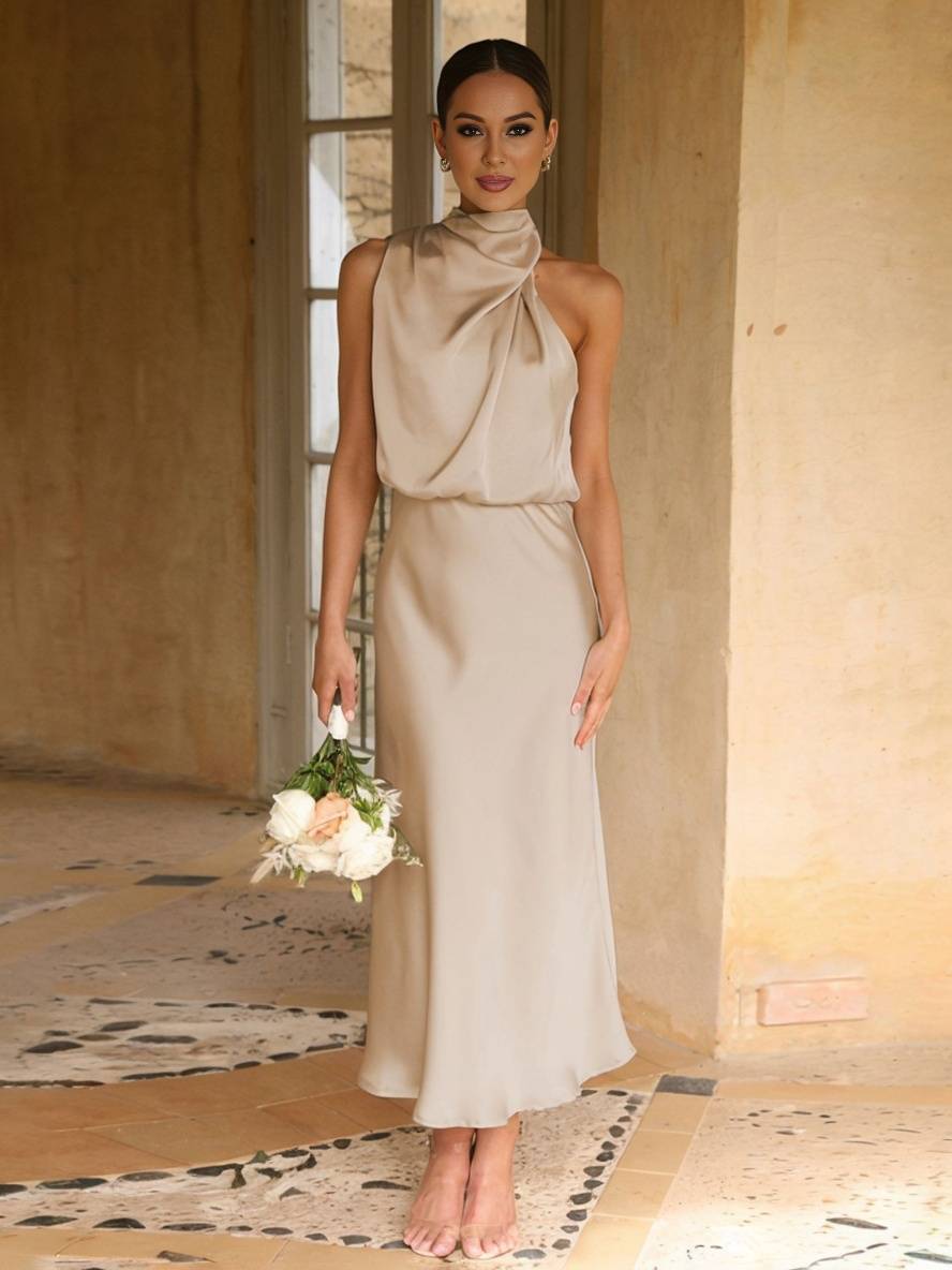 R&B | Lange Satin Brautjungfernkleid Unregelmäßiger Rollkragen Halsband Ärmless Elegant Abendkleid für Hochzeit