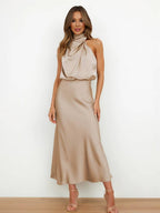 R&B | Lange Satin Brautjungfernkleid Unregelmäßiger Rollkragen Halsband Ärmless Elegant Abendkleid für Hochzeit