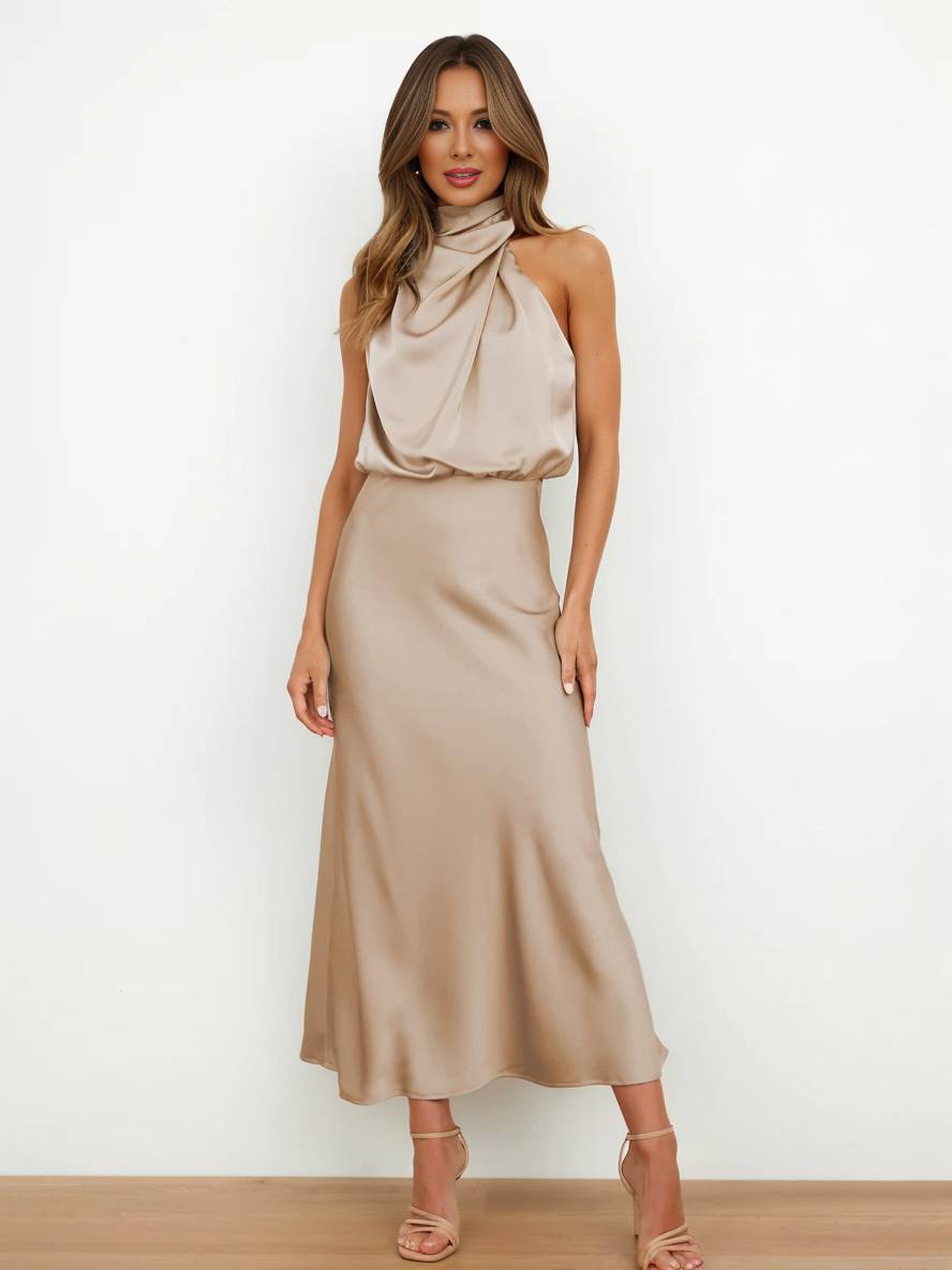 R&B | Lange Satin Brautjungfernkleid Unregelmäßiger Rollkragen Halsband Ärmless Elegant Abendkleid für Hochzeit