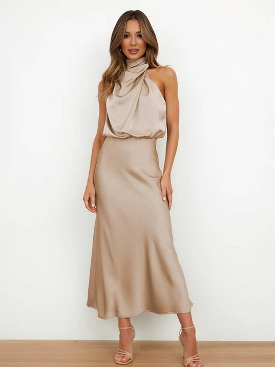 R&B | Lange Satin Brautjungfernkleid Unregelmäßiger Rollkragen Halsband Ärmless Elegant Abendkleid für Hochzeit