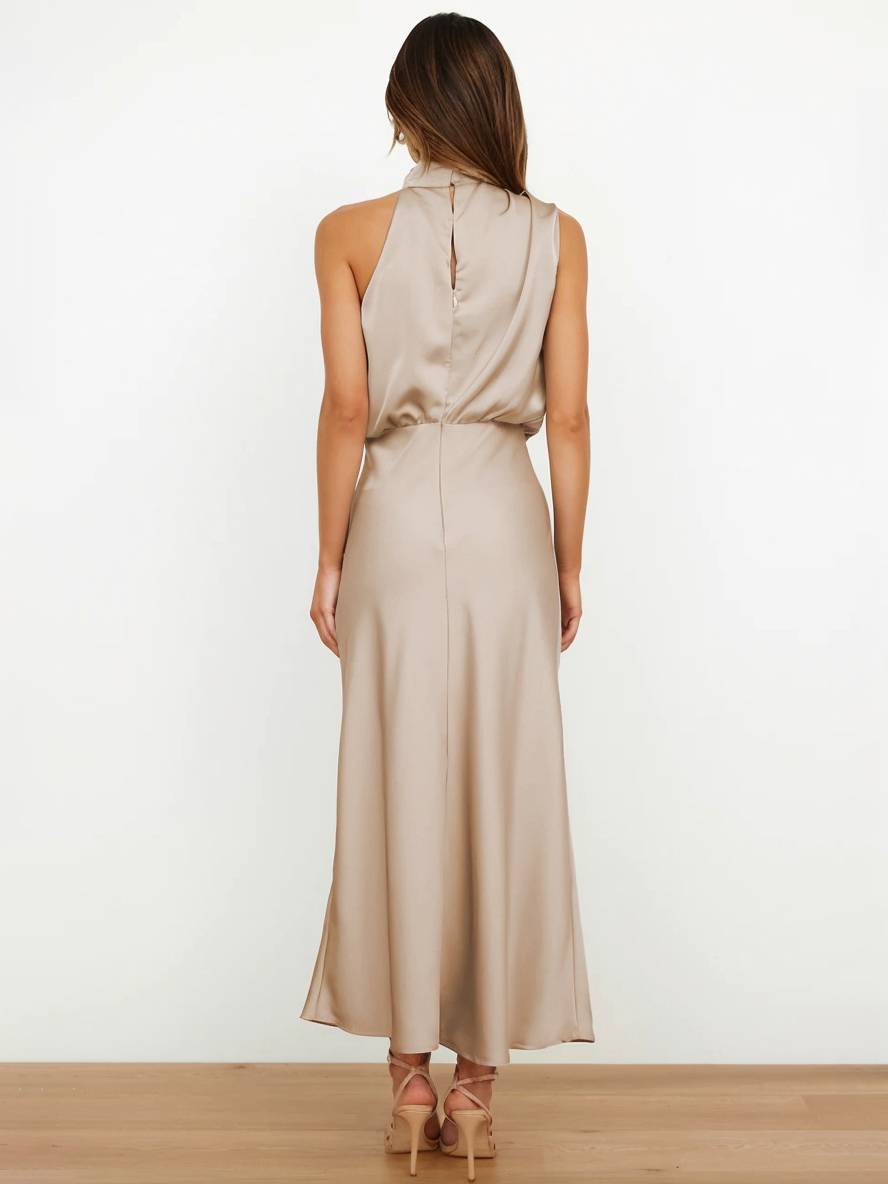 R&B | Lange Satin Brautjungfernkleid Unregelmäßiger Rollkragen Halsband Ärmless Elegant Abendkleid für Hochzeit