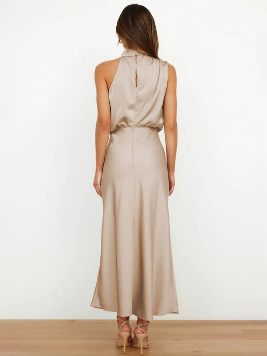 R&B | Lange Satin Brautjungfernkleid Unregelmäßiger Rollkragen Halsband Ärmless Elegant Abendkleid für Hochzeit