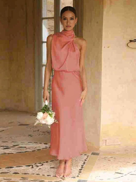 R&B | Lange Satin Brautjungfernkleid Unregelmäßiger Rollkragen Halsband Ärmless Elegant Abendkleid für Hochzeit