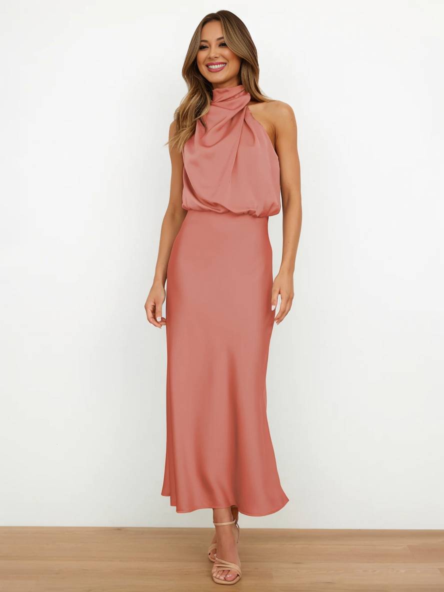 R&B | Lange Satin Brautjungfernkleid Unregelmäßiger Rollkragen Halsband Ärmless Elegant Abendkleid für Hochzeit