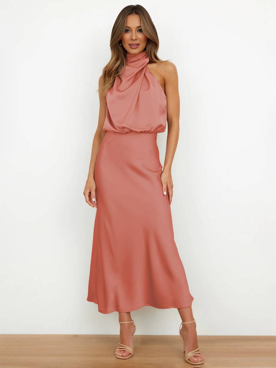 R&B | Lange Satin Brautjungfernkleid Unregelmäßiger Rollkragen Halsband Ärmless Elegant Abendkleid für Hochzeit
