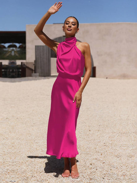 R&B | Lange Satin Brautjungfernkleid Unregelmäßiger Rollkragen Halsband Ärmless Elegant Abendkleid für Hochzeit