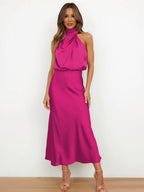 R&B | Lange Satin Brautjungfernkleid Unregelmäßiger Rollkragen Halsband Ärmless Elegant Abendkleid für Hochzeit