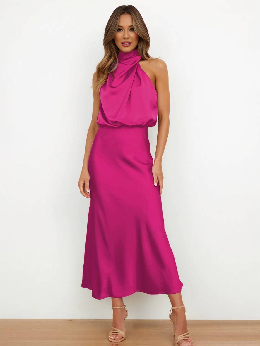 R&B | Lange Satin Brautjungfernkleid Unregelmäßiger Rollkragen Halsband Ärmless Elegant Abendkleid für Hochzeit