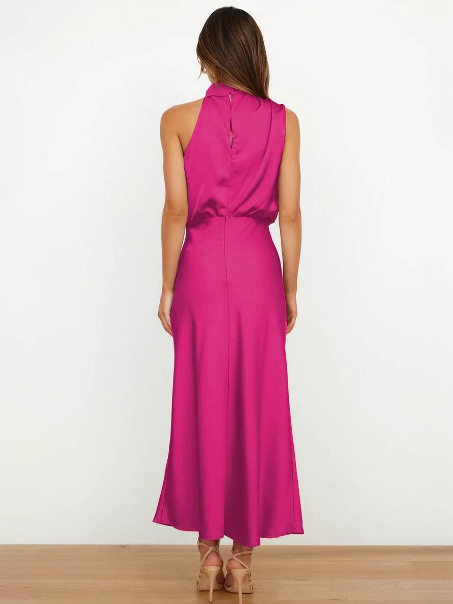 R&B | Lange Satin Brautjungfernkleid Unregelmäßiger Rollkragen Halsband Ärmless Elegant Abendkleid für Hochzeit