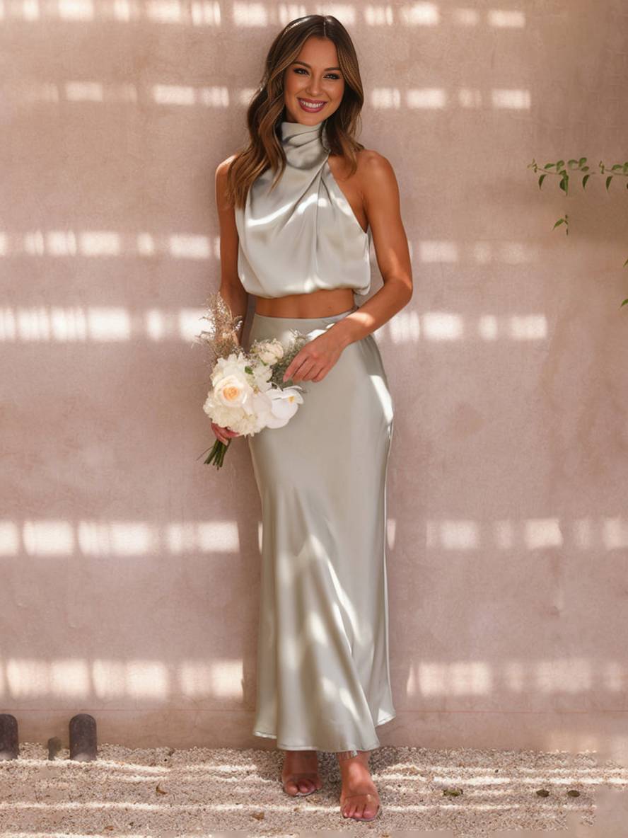 R&B | Kleid Gäste Hochzeit Damen Halter Ärmellos Damen Elegante Abend Zweiteilige Brautjungfernkleid