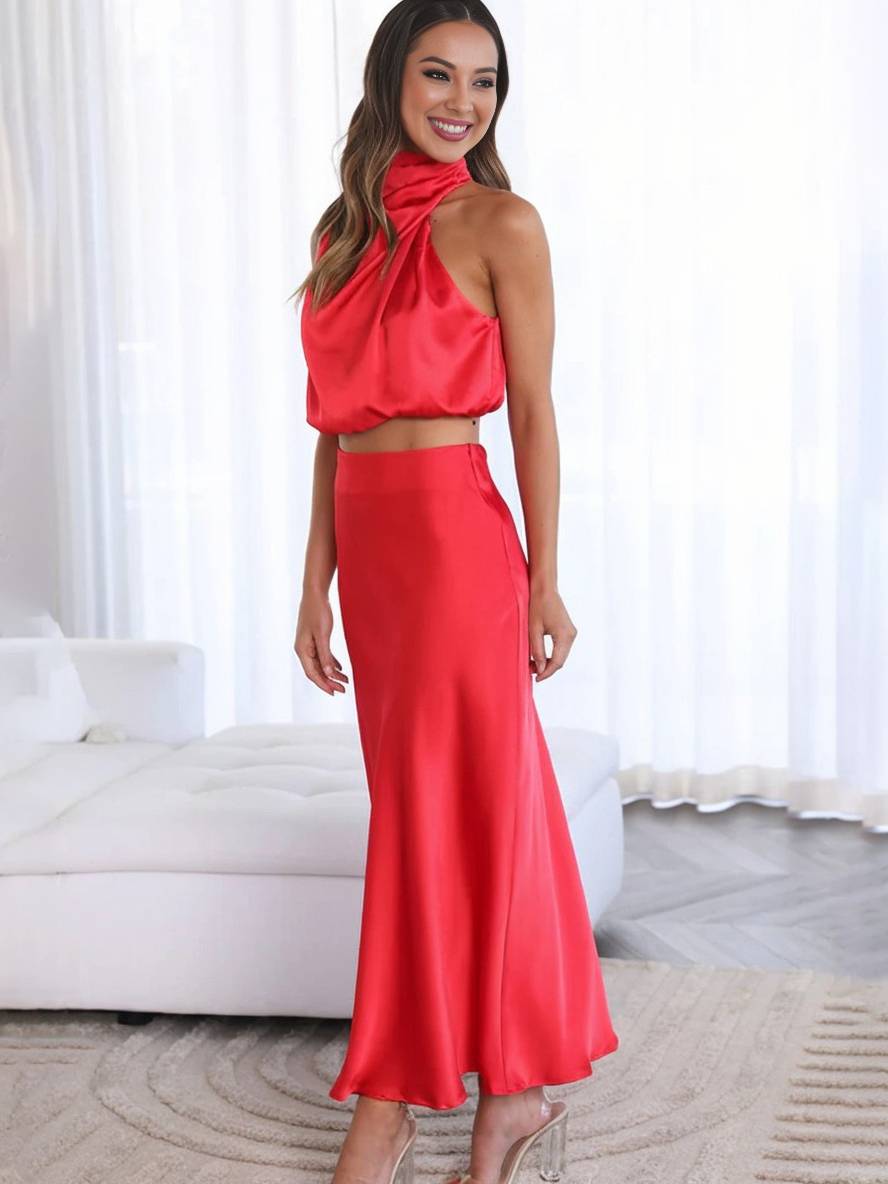 R&B | Kleid Gäste Hochzeit Damen Halter Ärmellos Damen Elegante Abend Zweiteilige Brautjungfernkleid