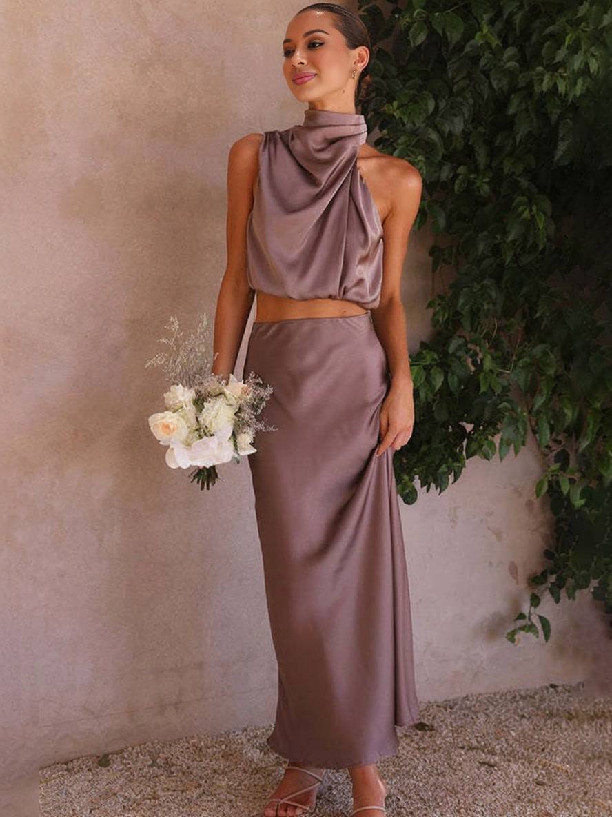 R&B | Kleid Gäste Hochzeit Damen Halter Ärmellos Damen Elegante Abend Zweiteilige Brautjungfernkleid