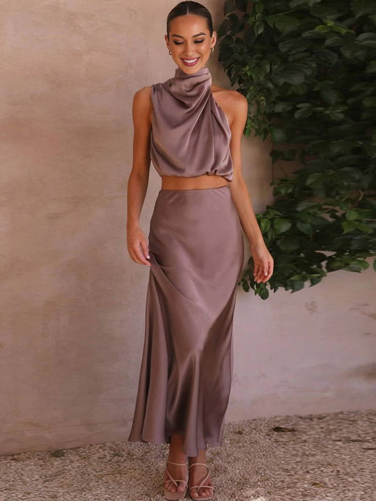 R&B | Kleid Gäste Hochzeit Damen Halter Ärmellos Damen Elegante Abend Zweiteilige Brautjungfernkleid