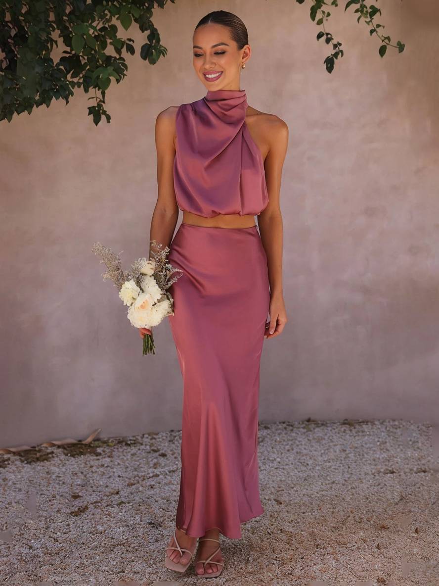 R&B | Kleid Gäste Hochzeit Damen Halter Ärmellos Damen Elegante Abend Zweiteilige Brautjungfernkleid