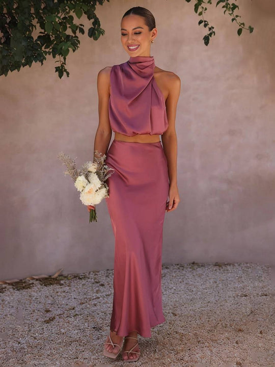 R&B | Kleid Gäste Hochzeit Damen Halter Ärmellos Damen Elegante Abend Zweiteilige Brautjungfernkleid
