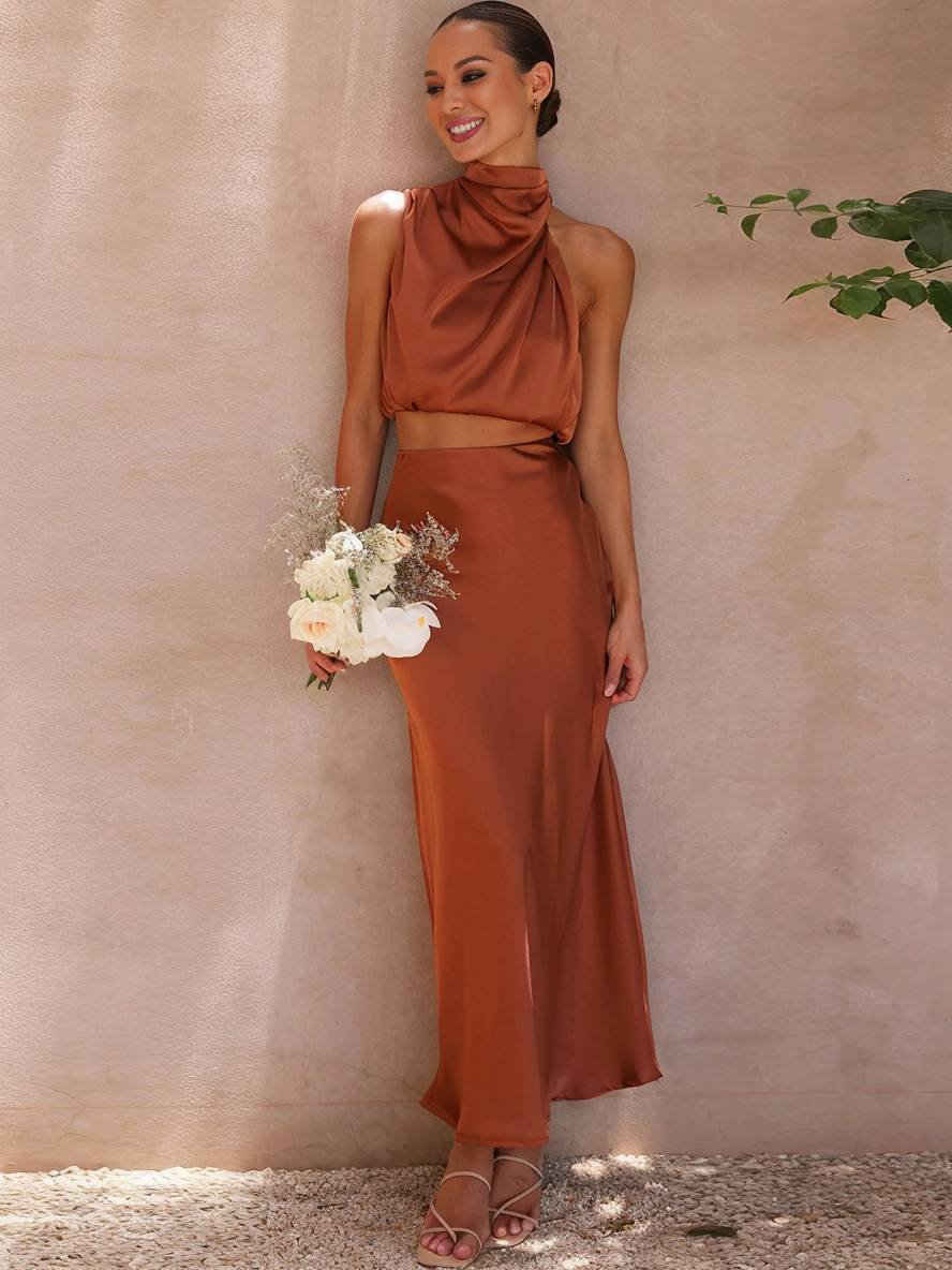 R&B | Kleid Gäste Hochzeit Damen Halter Ärmellos Damen Elegante Abend Zweiteilige Brautjungfernkleid