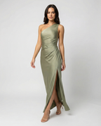 R&B | Kleid Brautjungfer aus Satin Eng mit Schlitz An Der Seite Eine Schulter Ohne Ärmel Elegantes Abendkleid für Hochzeit