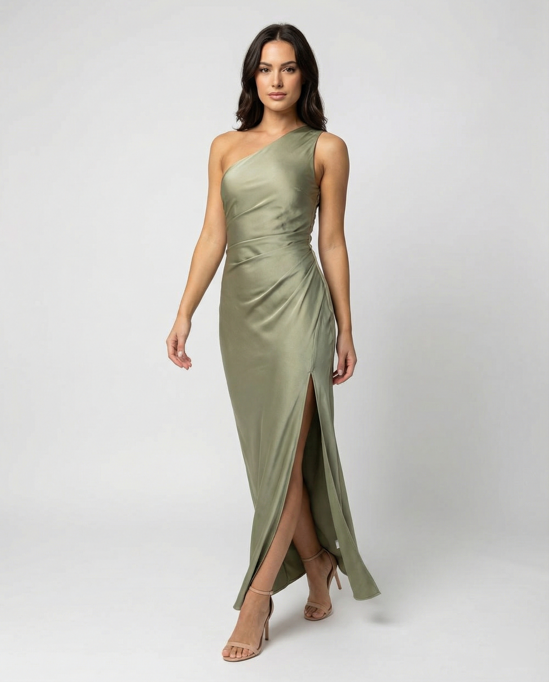R&B | Kleid Brautjungfer aus Satin Eng mit Schlitz An Der Seite Eine Schulter Ohne Ärmel Elegantes Abendkleid für Hochzeit