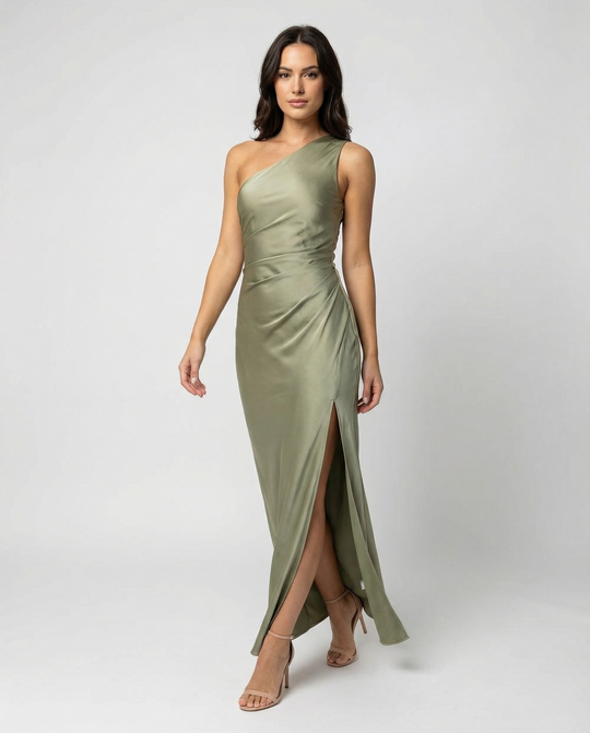 R&B | Kleid Brautjungfer aus Satin Eng mit Schlitz An Der Seite Eine Schulter Ohne Ärmel Elegantes Abendkleid für Hochzeit