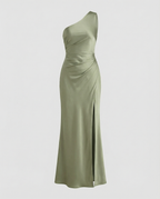 R&B | Kleid Brautjungfer aus Satin Eng mit Schlitz An Der Seite Eine Schulter Ohne Ärmel Elegantes Abendkleid für Hochzeit