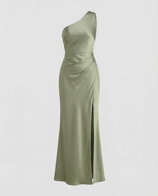 R&B | Kleid Brautjungfer aus Satin Eng mit Schlitz An Der Seite Eine Schulter Ohne Ärmel Elegantes Abendkleid für Hochzeit
