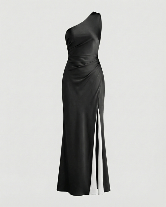 R&B | Kleid Brautjungfer aus Satin Eng mit Schlitz An Der Seite Eine Schulter Ohne Ärmel Elegantes Abendkleid für Hochzeit