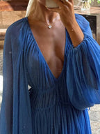 R&B | Lange Chiffonkleid mit Tiefem Ausschnitt Langärmelig für Frauen Lässig Weit Strand