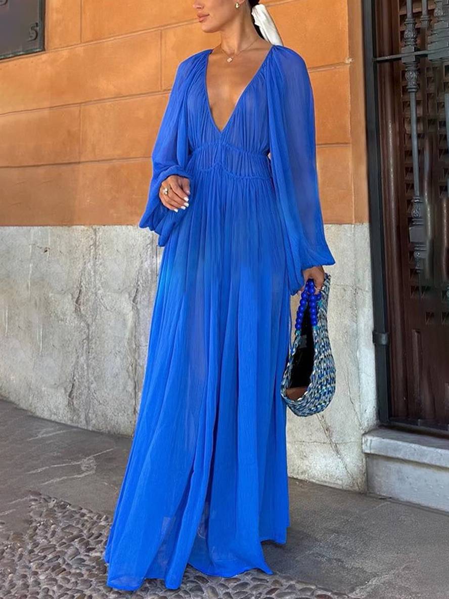 R&B | Lange Chiffonkleid mit Tiefem Ausschnitt Langärmelig für Frauen Lässig Weit Strand