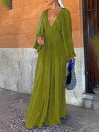 R&B | Lange Chiffonkleid mit Tiefem Ausschnitt Langärmelig für Frauen Lässig Weit Strand