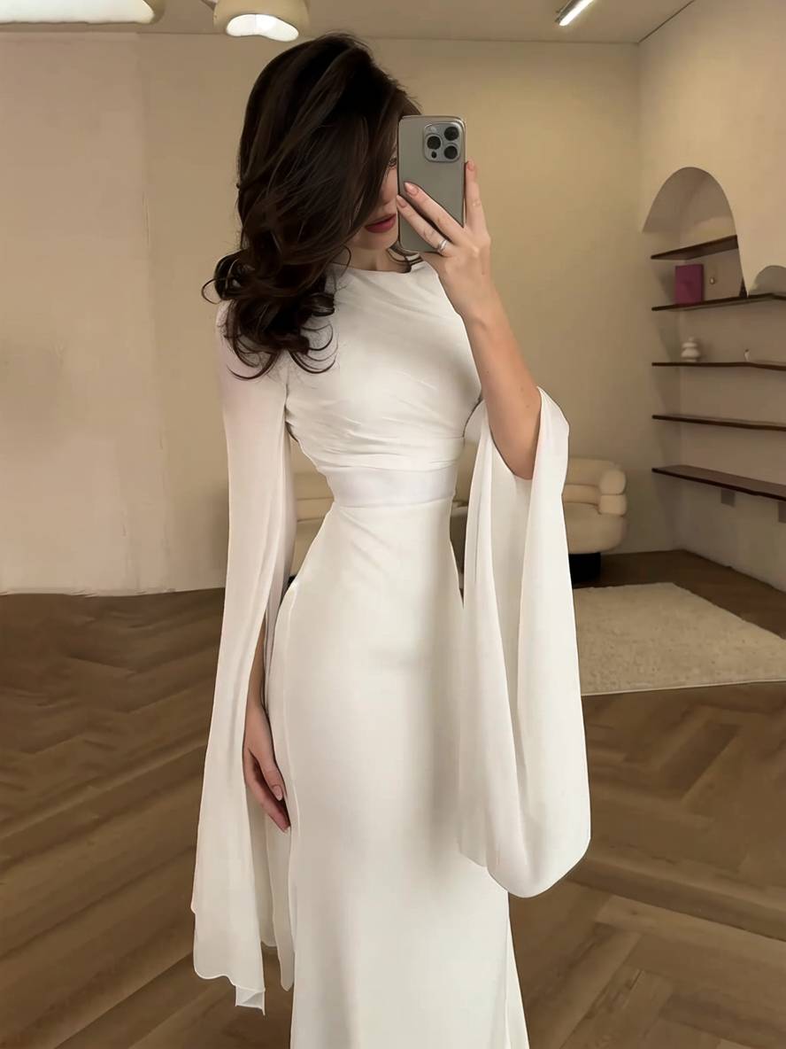 R&B | Langes Satin Kleid Enger Runder Ausschnitt Gesplittete Ärmel Lange Ärmel Damen Elegant Abend Ball Prom Zeremonie
