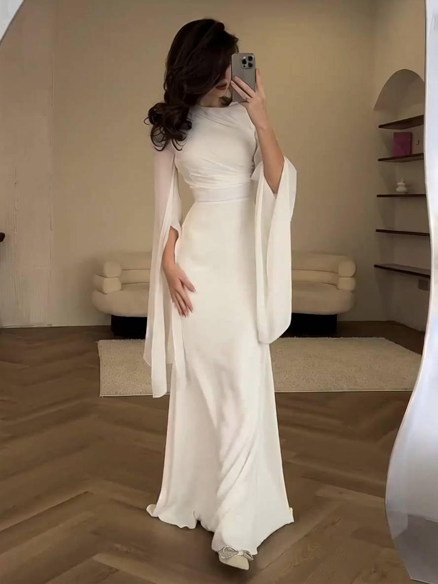 R&B | Langes Satin Kleid Enger Runder Ausschnitt Gesplittete Ärmel Lange Ärmel Damen Elegant Abend Ball Prom Zeremonie