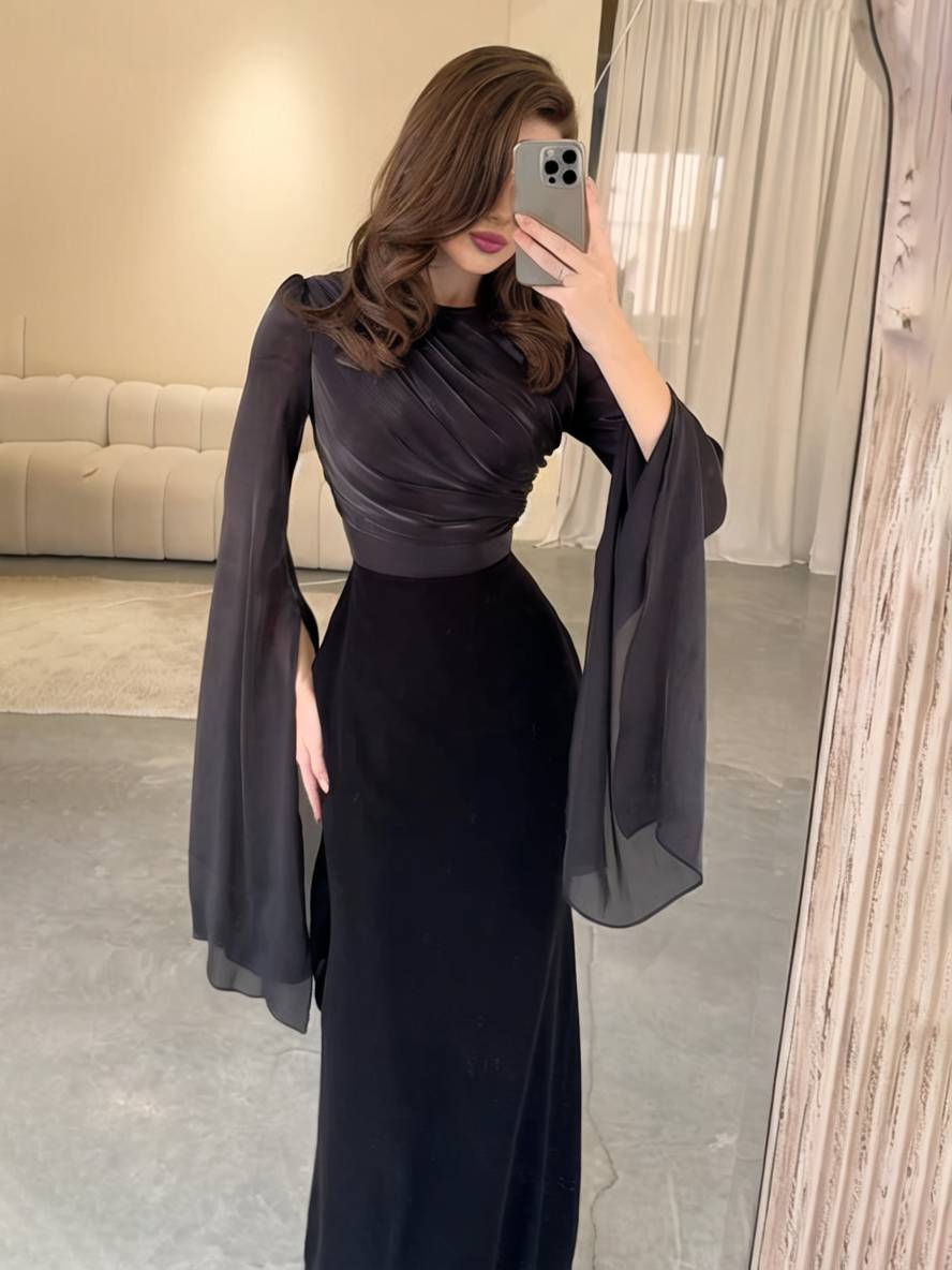 R&B | Langes Satin Kleid Enger Runder Ausschnitt Gesplittete Ärmel Lange Ärmel Damen Elegant Abend Ball Prom Zeremonie